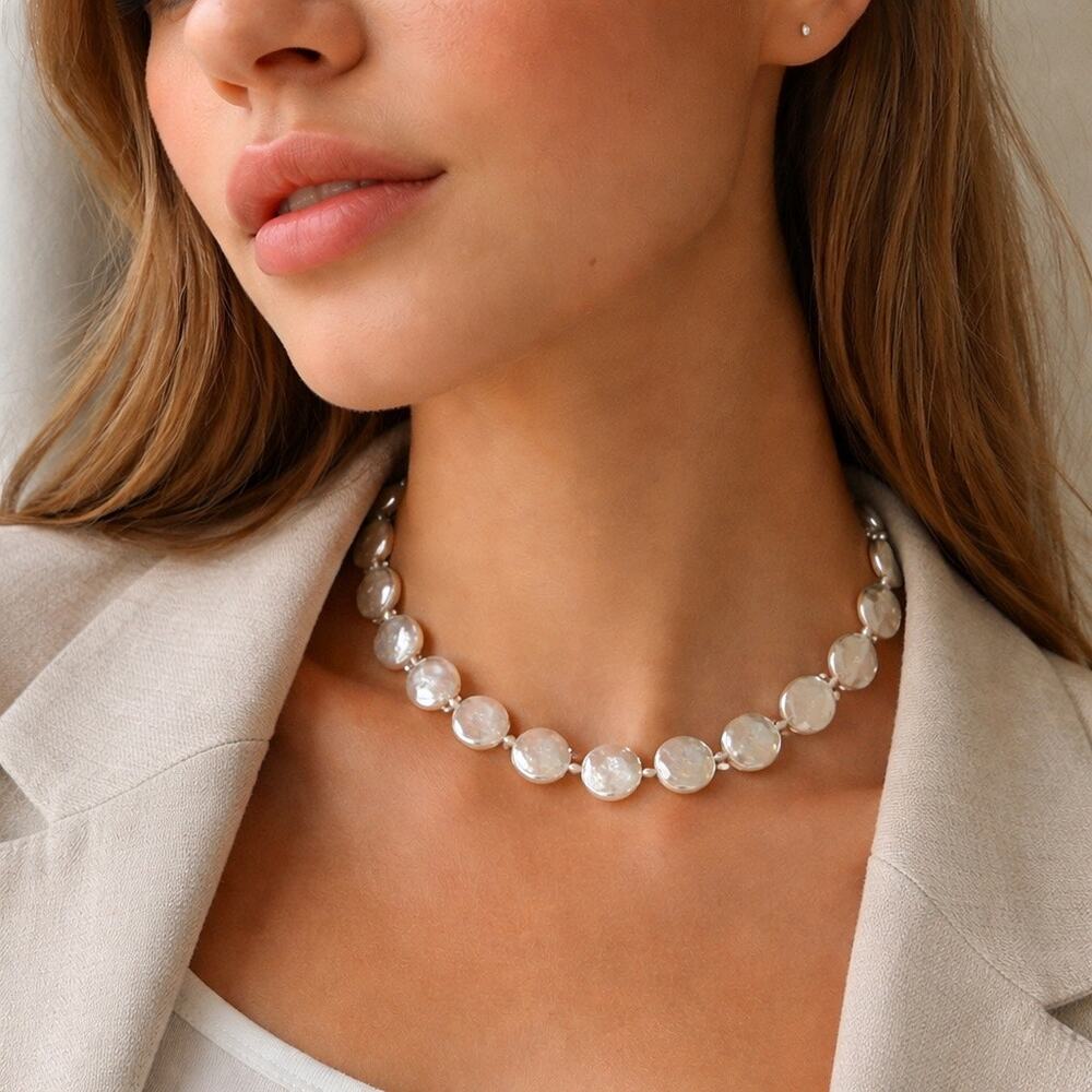 Freshwater Coin Pearl Necklace 16” • Statement Pearl Collar Necklace